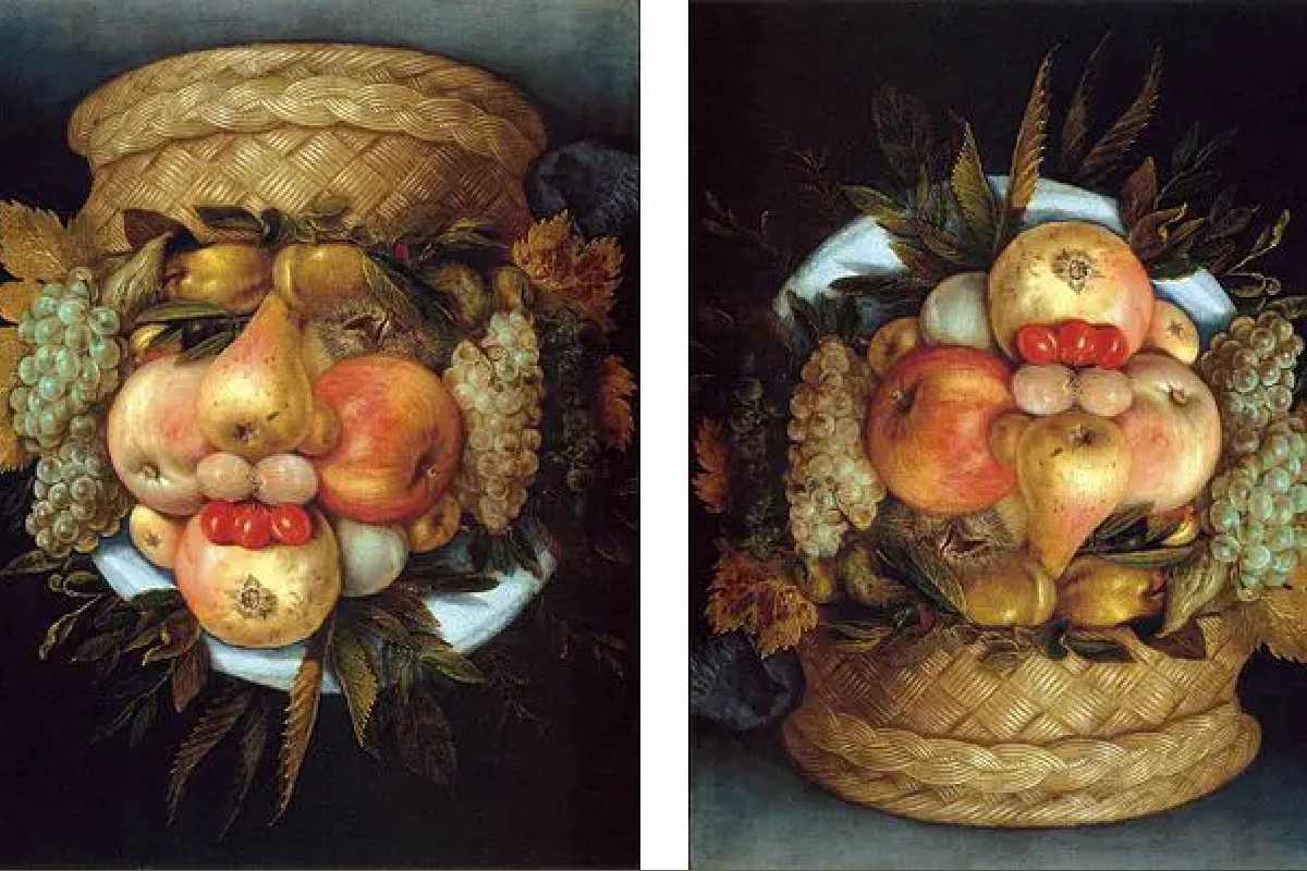 Cesta de frutas o cabeza reversible con cesta de frutas de Giuseppe Arcimboldo.
