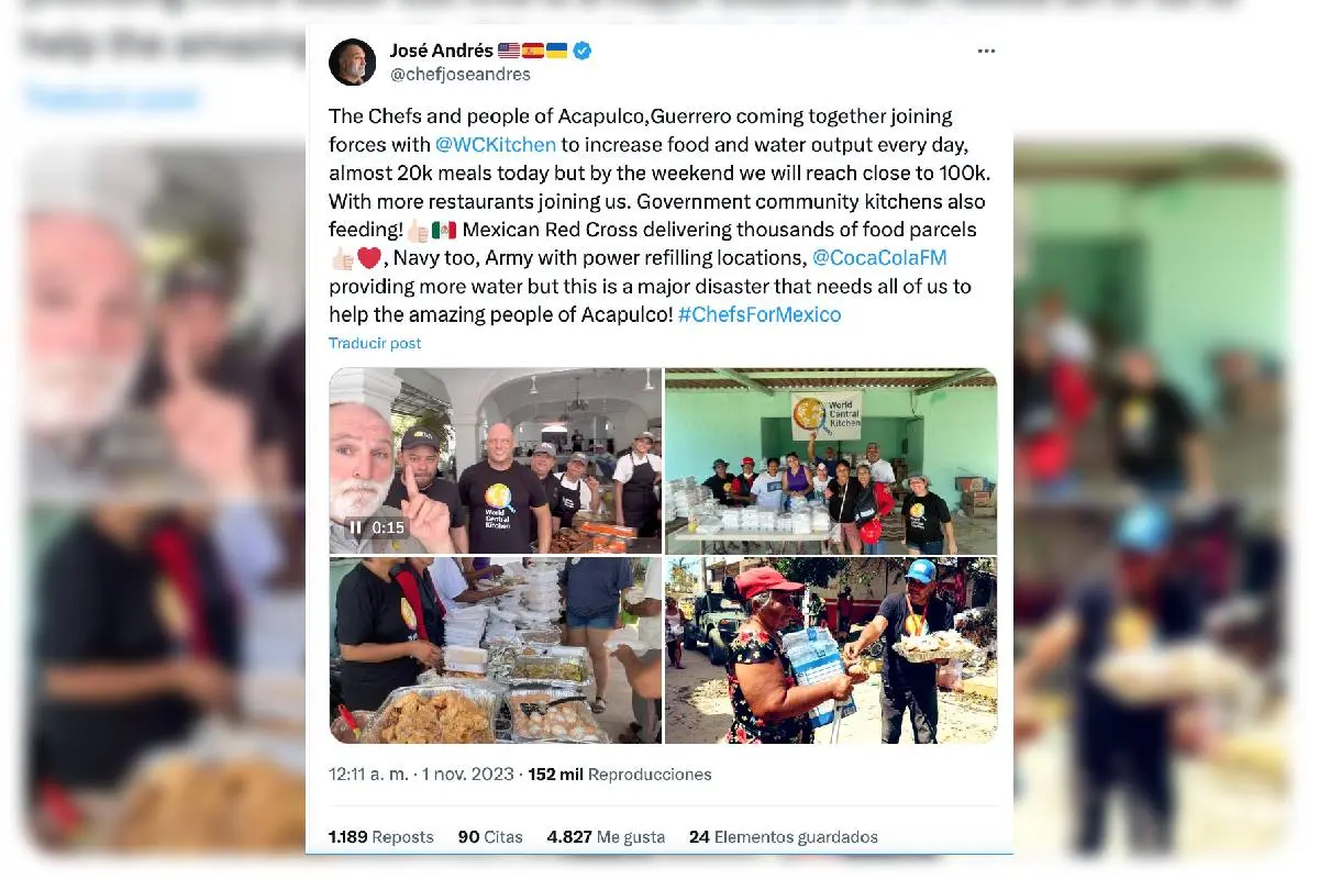 Chef José Andrés y Wordl Central Kitchen apoyan a damnificados en Acapulco.
