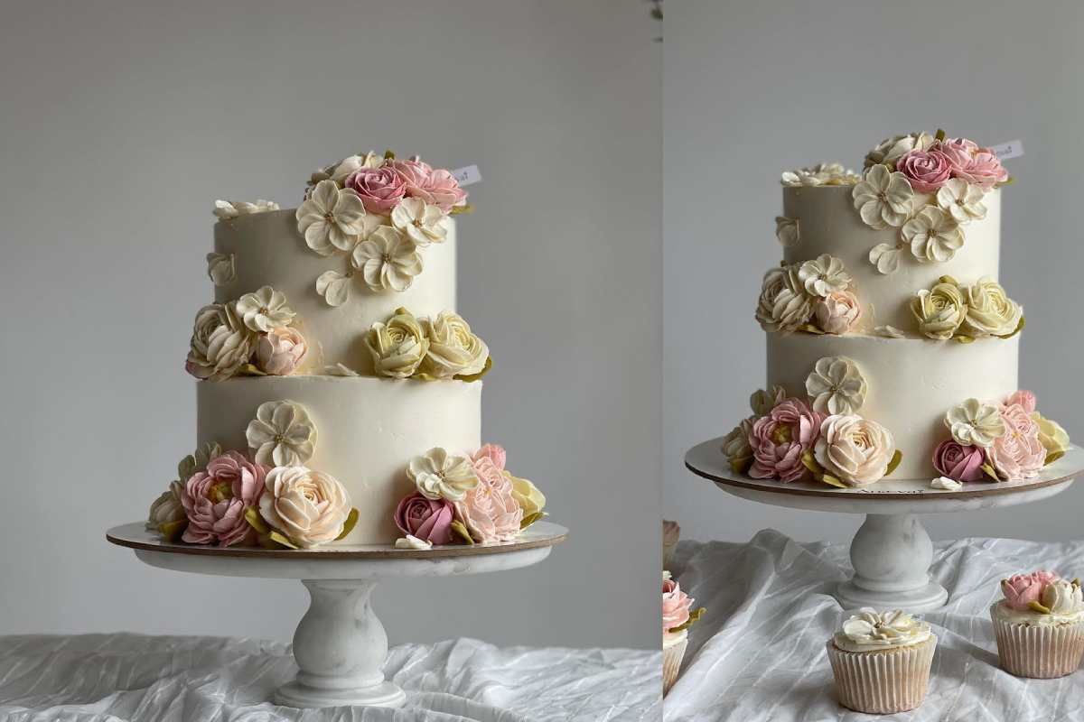 Pastel con flores de crema de mantequilla creación de Anaeva.