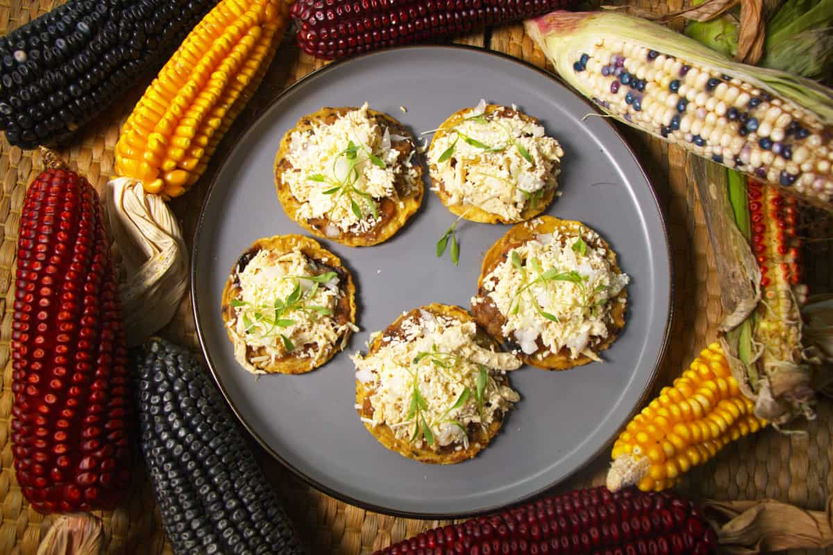 Chalupas poblanas con pollo y salsa martajada