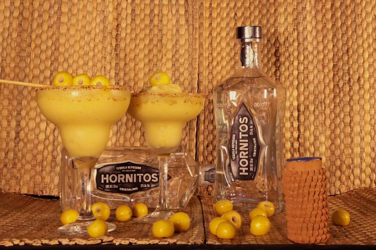 Margarita de tequila con nanche y botellas de tequila 
