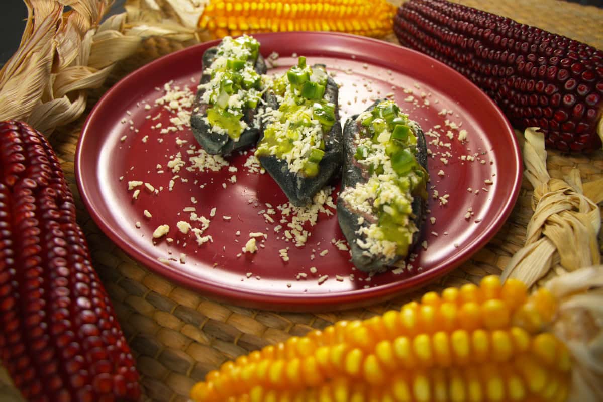 Tlacoyo relleno de haba, servido con ensalada de nopales y queso rallado.