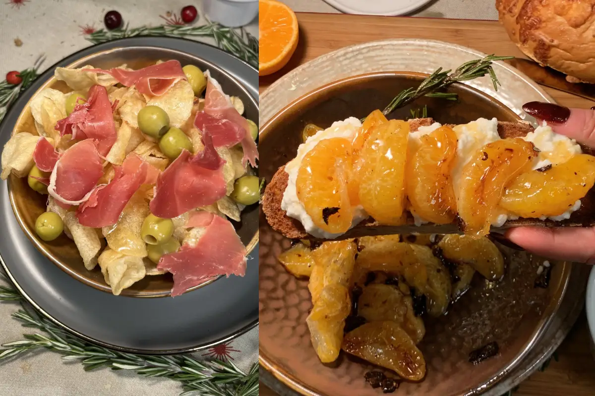 De lado izquierdo se encuentran unas papas fritas preparadas con jamón serrano y aceitunas verdes. A la derecha hay una rebanadas de pan con requesón y mandarinas.