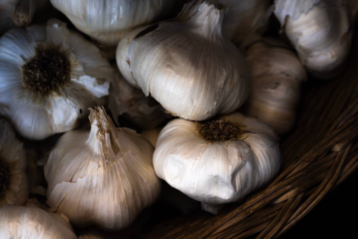 Canasta con cabezas de ajo.