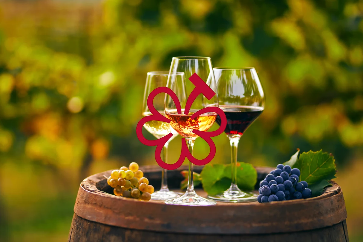 Al fondo hay tres copas de vino de distintas uvas sobre una barrica y en medio se encuentra una estrella Michelin.
