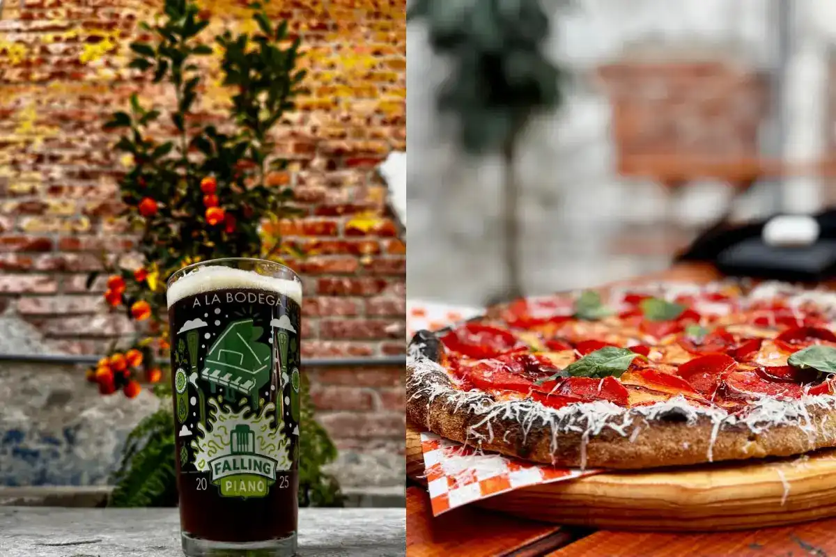 slide con cerveza artesanal y pizza