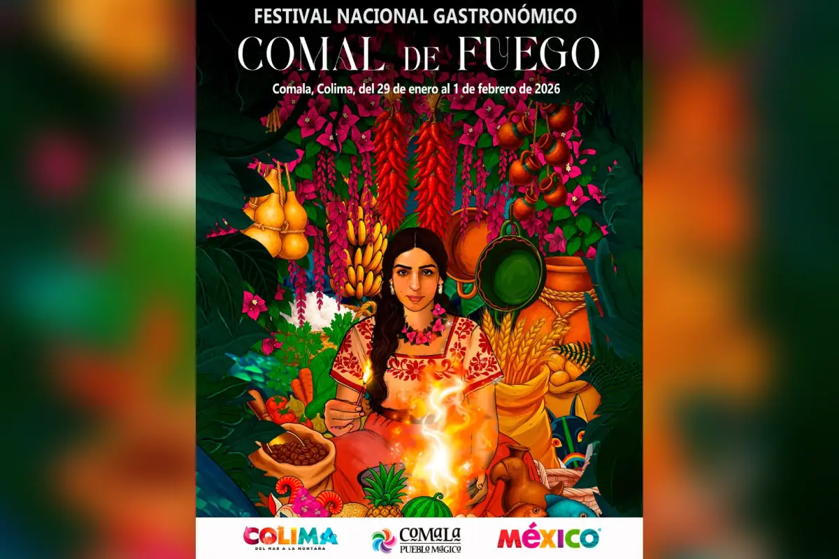 Cartel del Festival Nacional Gastronómico "Comal de Fuego" que se realizará en Comala, en él se encuentra una mujer iluminada por fuego rodeada de ingredientes de la cocina mexicana.