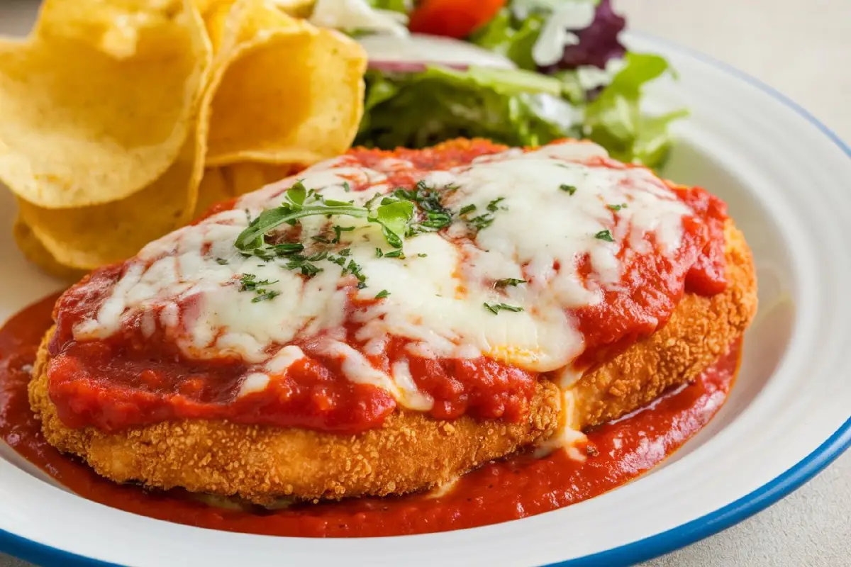 pollo a la parmesana con papas y ensalada