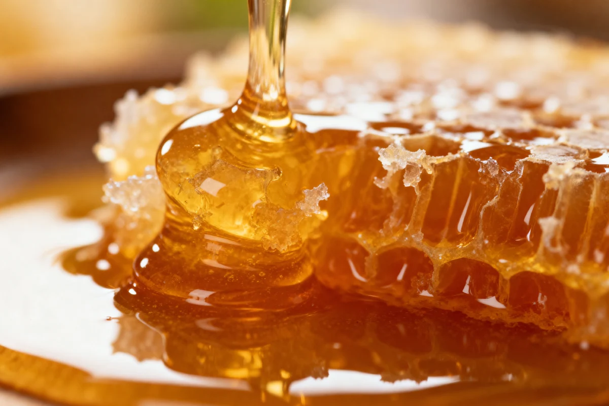 Acercamiento de una panal de abejas y miel.