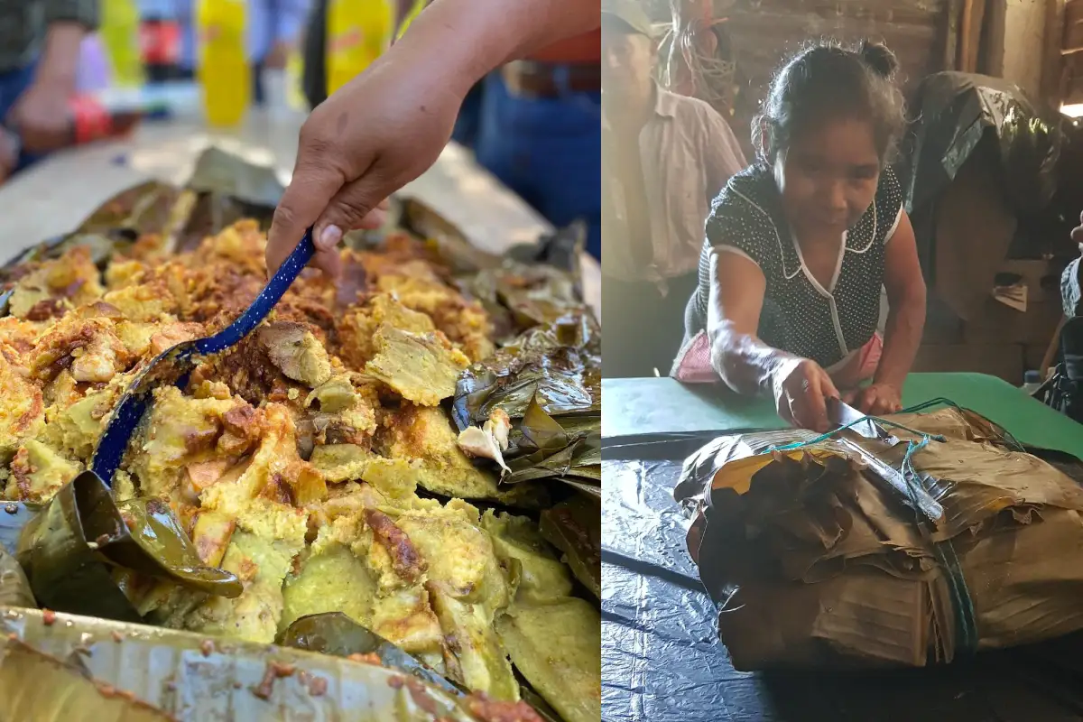 Dos imagenes que muestran el tamaño y los ingredientes del tamal patlache.
