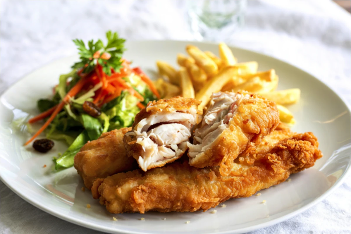 En un plato blanco está servido un filete de pescado empanizado acompañado de papas fritas y ensalada.