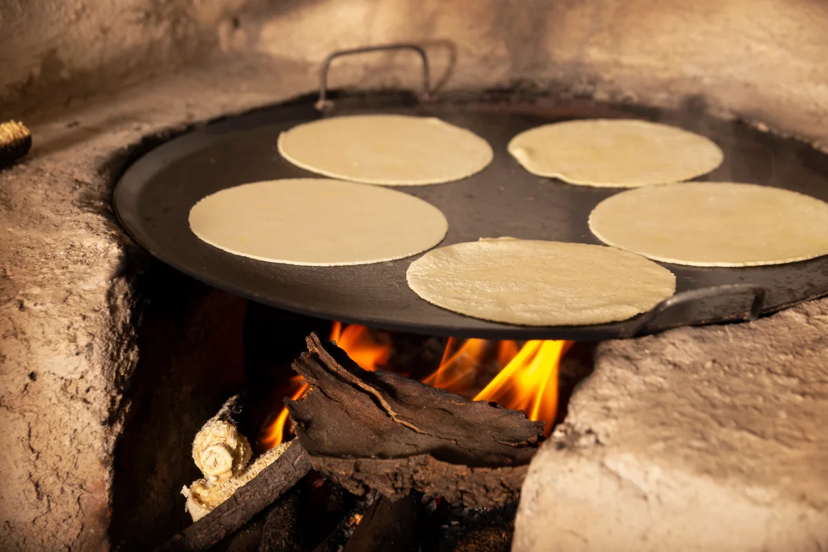 Tortillas de maíz hechas a mano cocinadas en una estufa de madera rústica tradicional llamada "fogón".