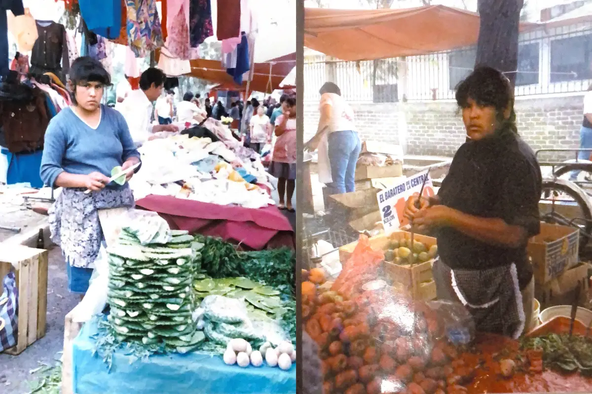 Collage de dos fotos de una mujer vendiendo nopales y jitomate en un tianguis