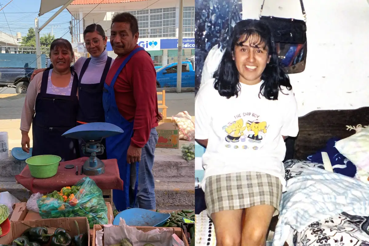 Una mujer posa mientras está sentada en una cama, del lado izquierdo la misma mujer abraza a su hija y esposa