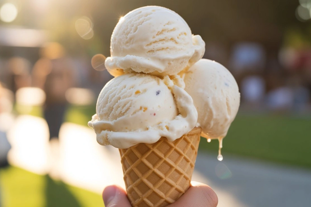 Primer plano de una mano sosteniendo un cono de gofre lleno de tres cucharadas de cremoso helado de vainilla, derritiéndose ligeramente bajo la cálida luz del sol. 