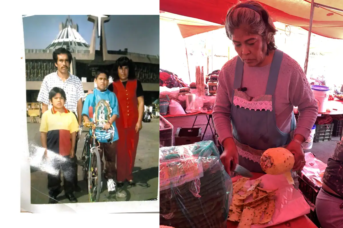 Una mujer pelando una piña, la misma persona pero rodeada de sus hijos y esposo afuera de La Villa