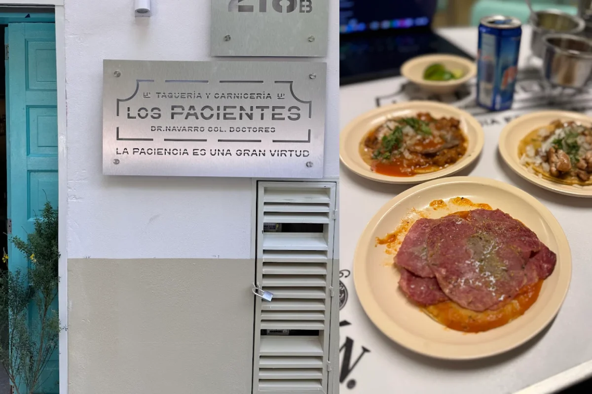 Collage de dos fotos de la fachada de la taquería Los Pacientes, del lado izquierdo están platos con tacos